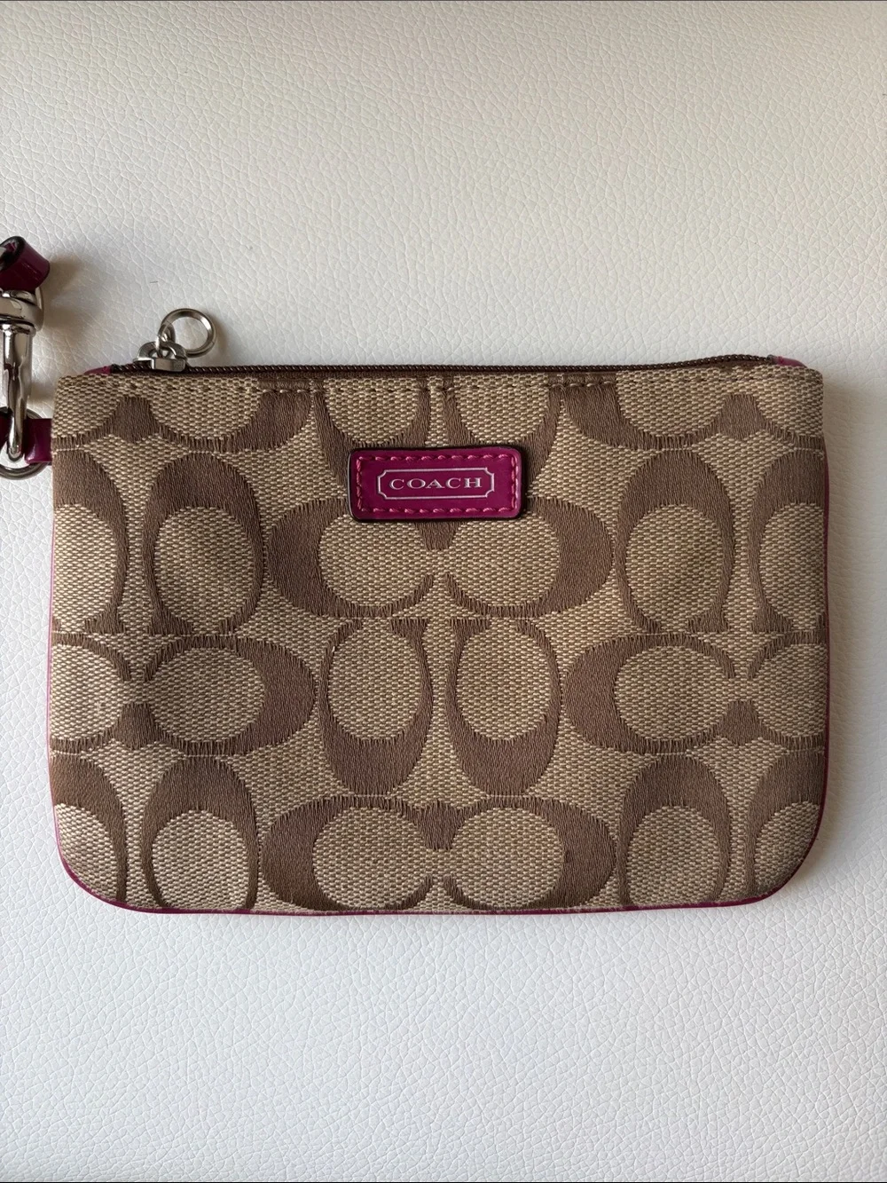 Coach Brown Signature Canvas Wristlet with Pink Trim & Strap